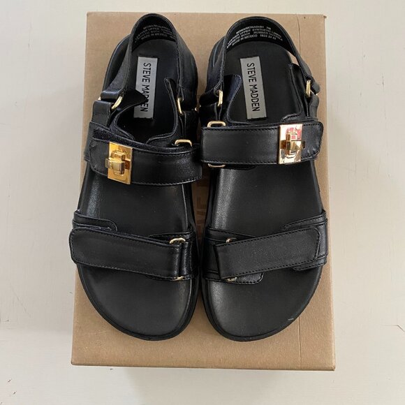 NIB NEW Steve Madden Mona Black Leather Turnlock hardware Dad Sandal Women's 7 - Picture 3 of 6